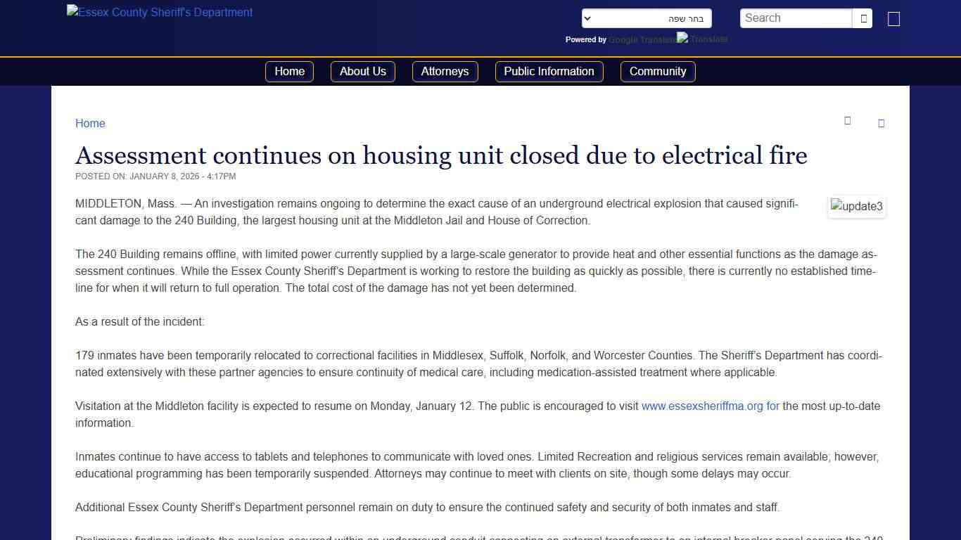 Assessment continues on housing unit closed due to electrical fire | Essex County Sheriff's Department